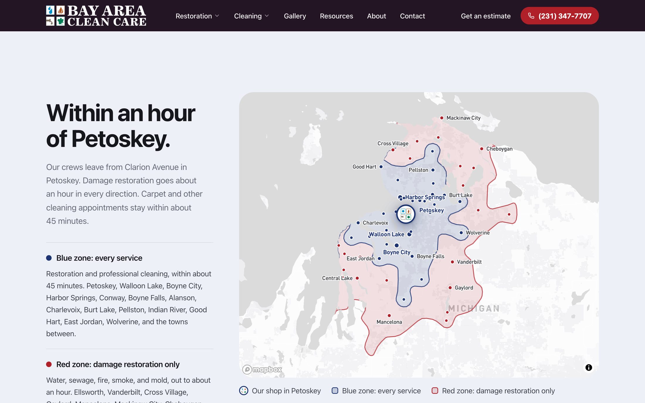 The service area map: 58 towns within an hour of the shop in Petoskey