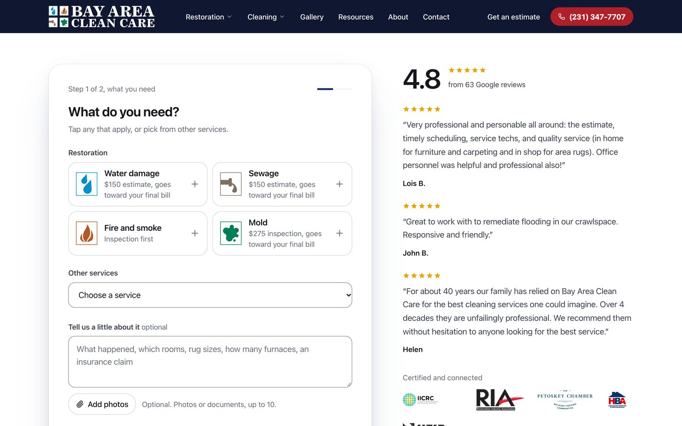 The estimate request: tap what you need, beside Google reviews and certifications