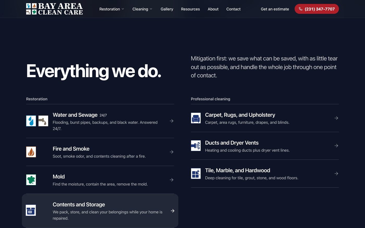Every restoration and cleaning service in one list, each with its own icon