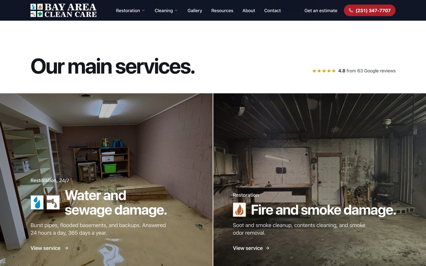 The main services, water and sewage damage and fire and smoke damage, with photos from their own jobs