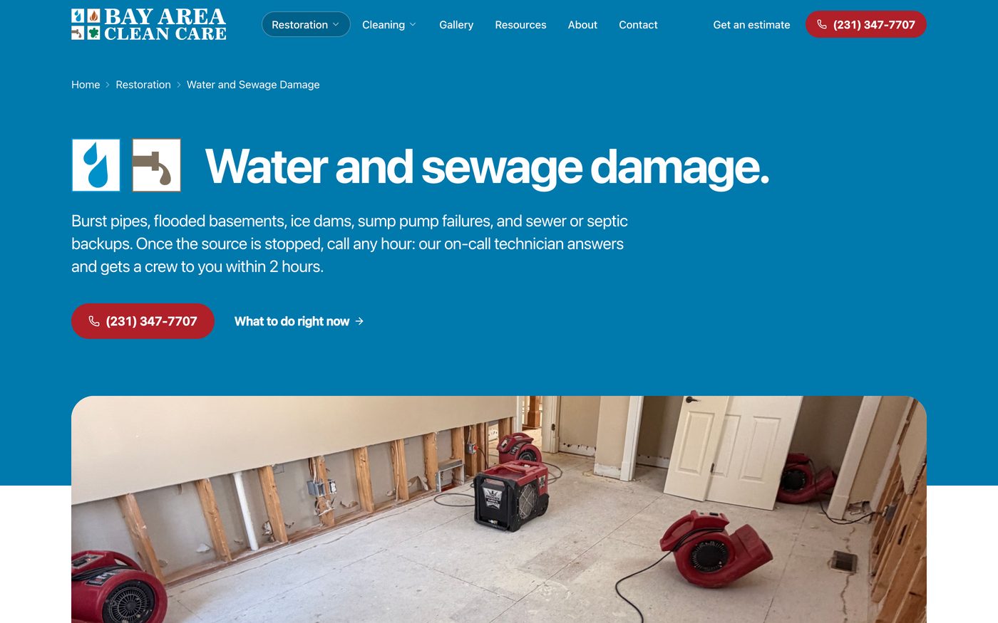 The water and sewage damage page, with drying equipment in a flood cut room