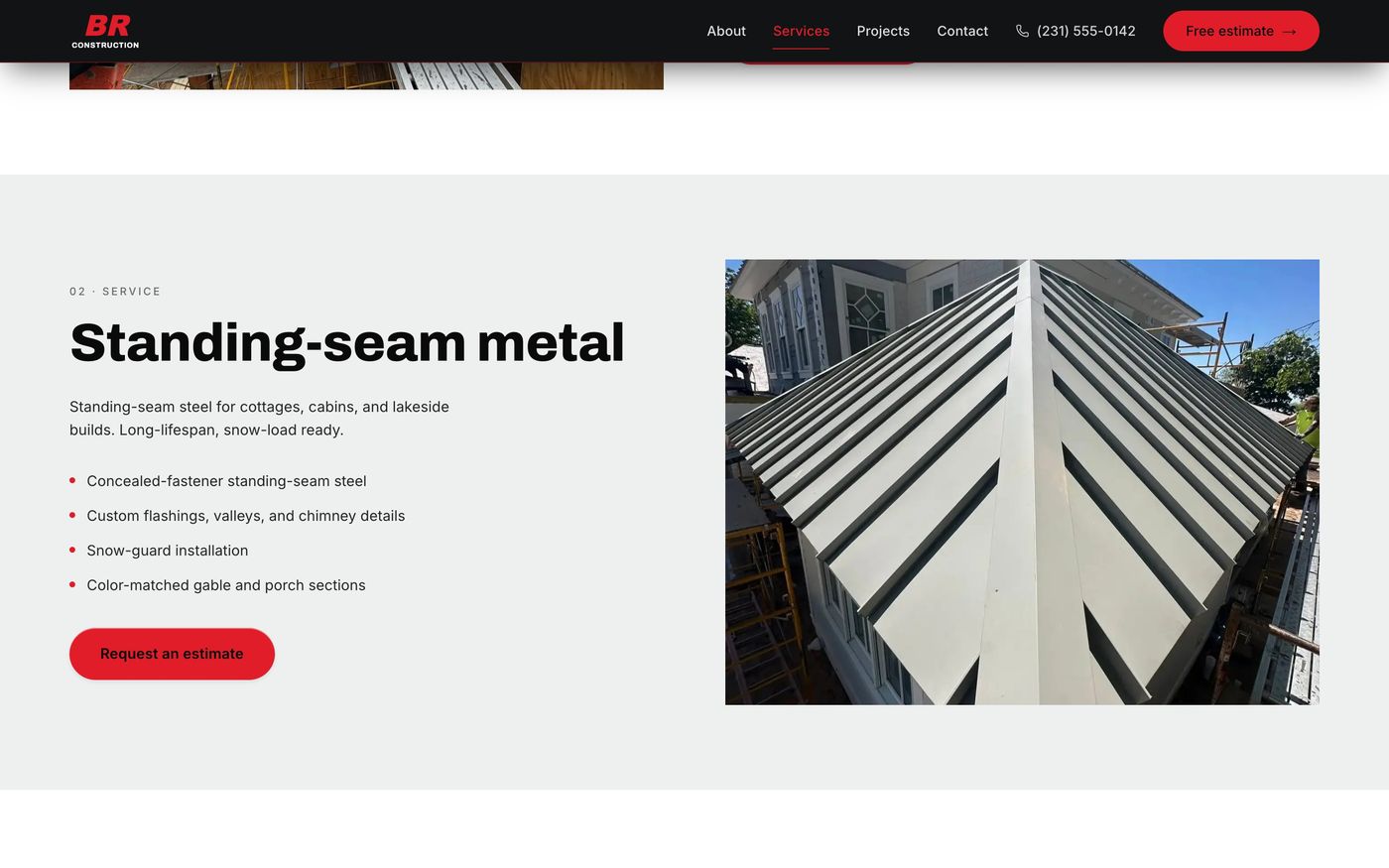 A service section for standing-seam metal roofs