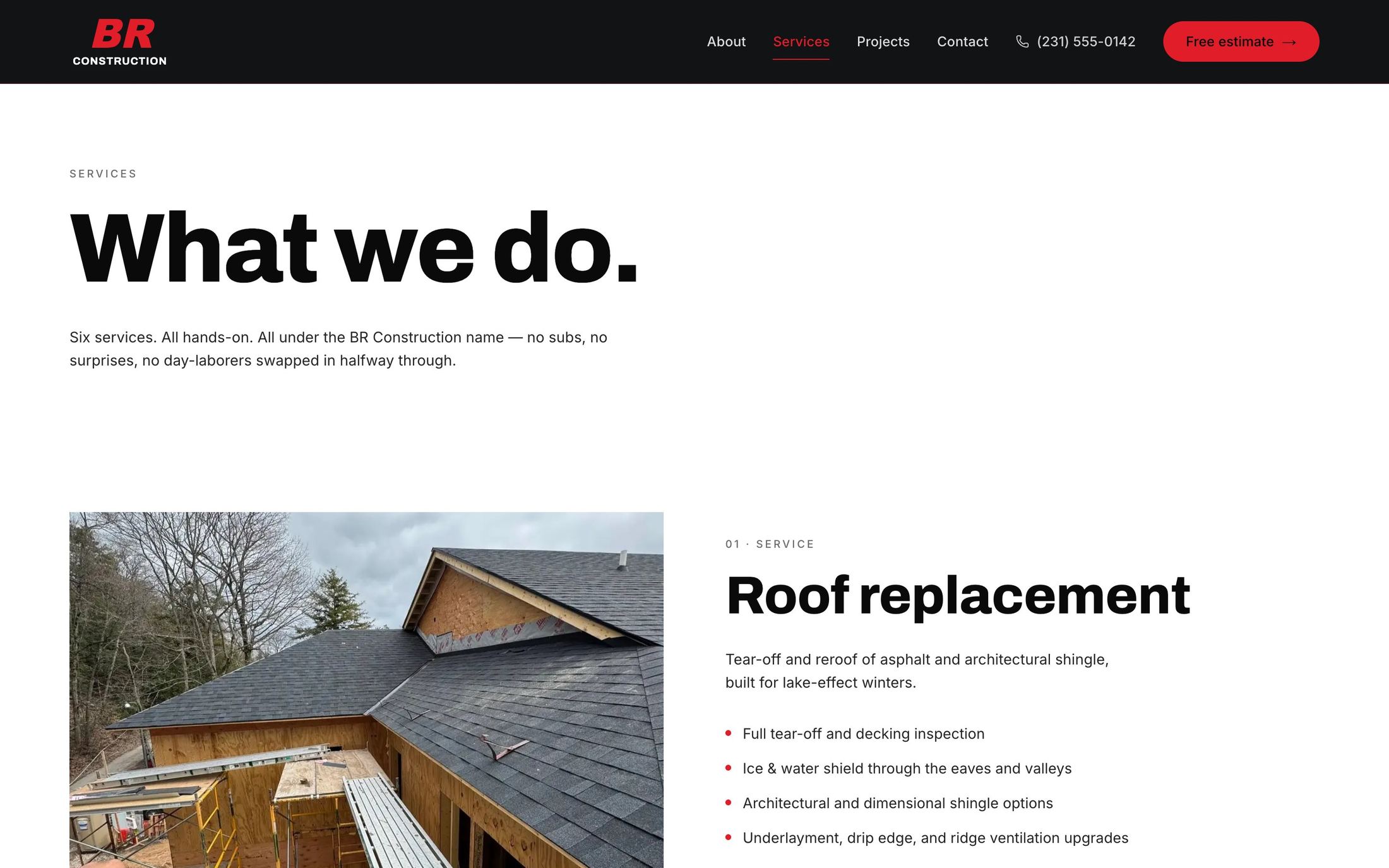 The services page with roof replacement first