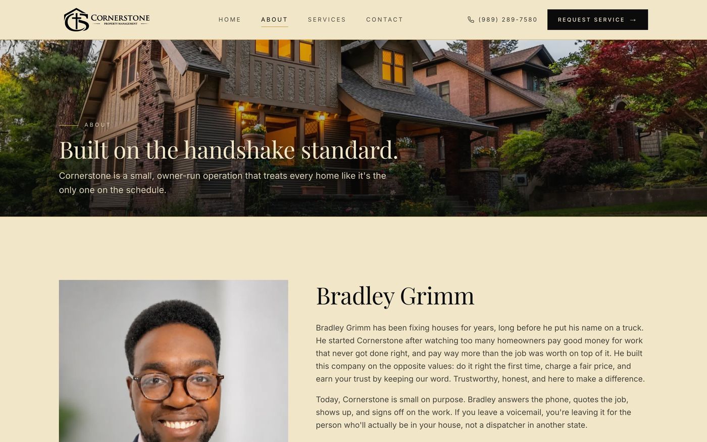 The About page introducing owner Bradley Grimm