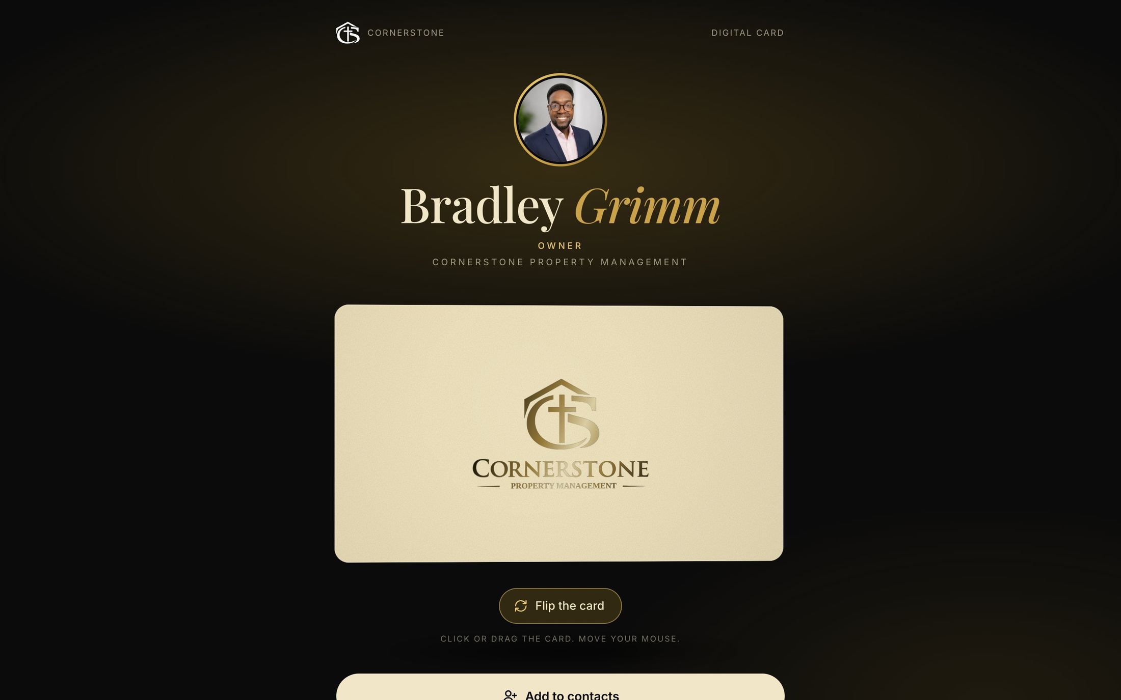 Bradley Grimm&rsquo;s digital business card page with a flip card