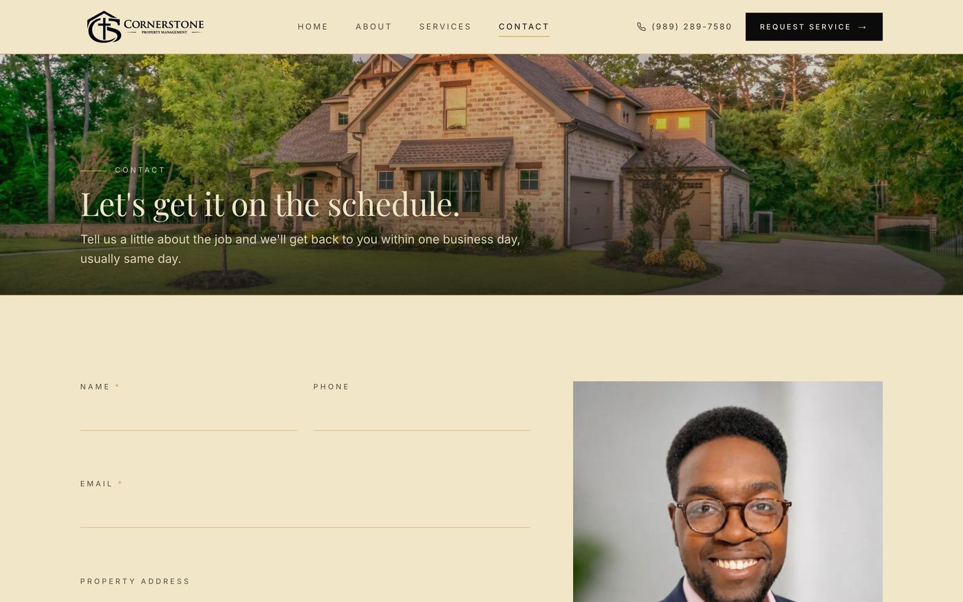 The contact page with the service request form