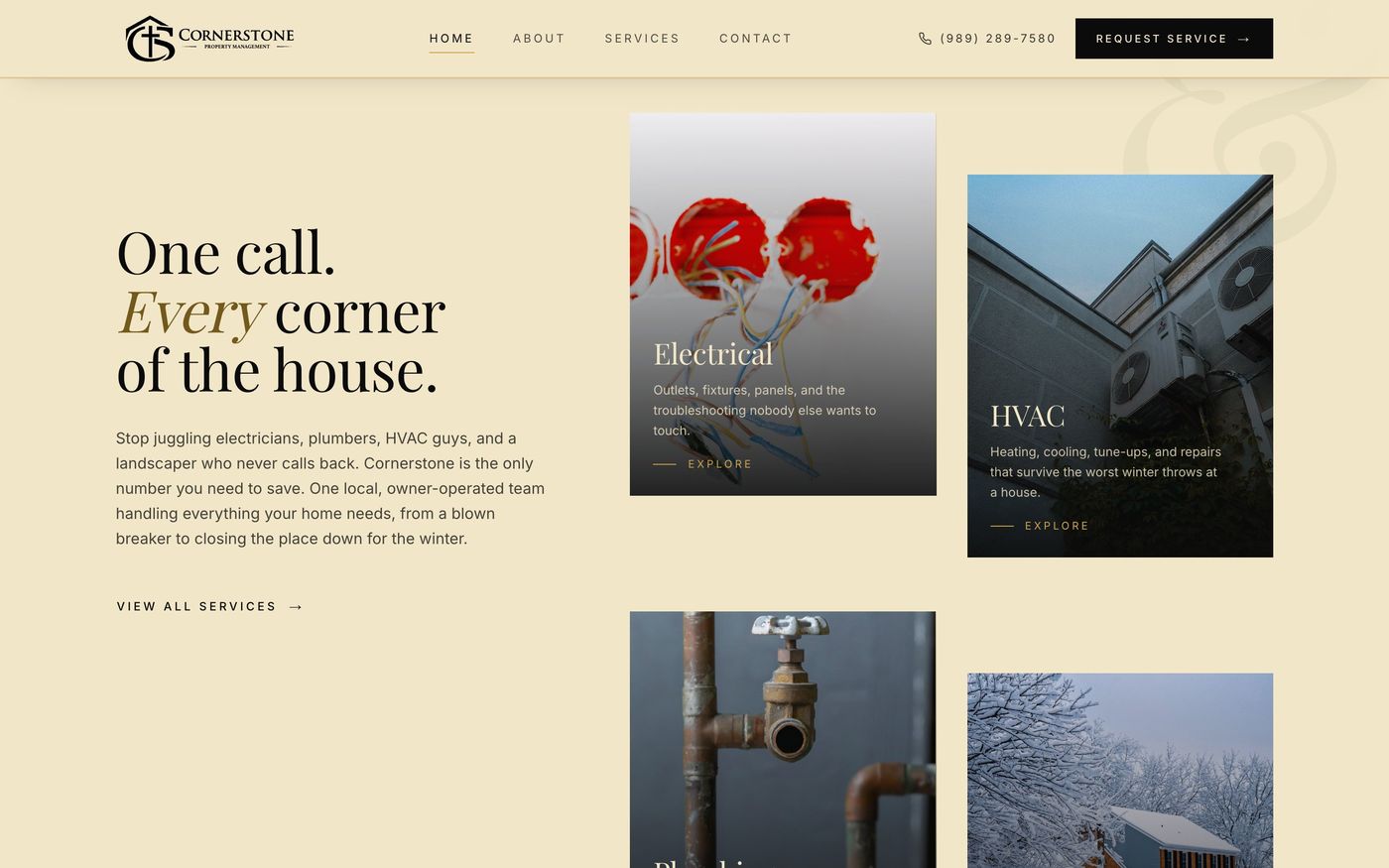 The homepage services section with electrical, HVAC, plumbing, and seasonal care