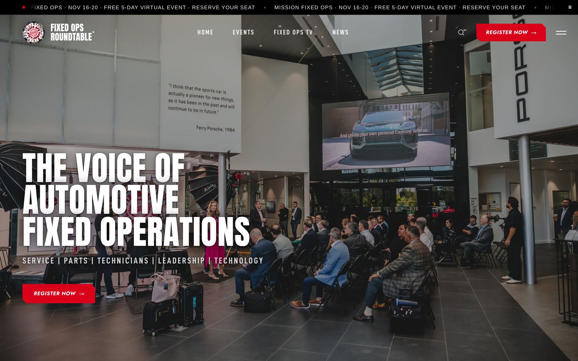 The Fixed Ops Roundtable homepage: The voice of automotive fixed operations, over a photo of a live event