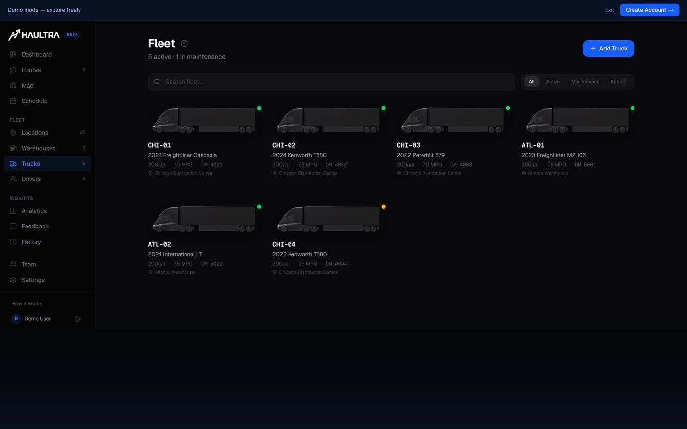 The fleet page with trucks