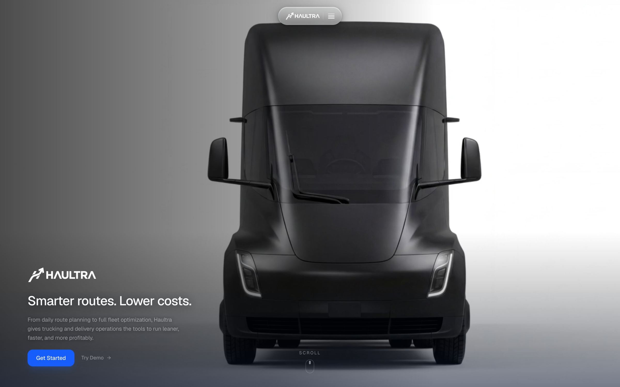 The Haultra homepage: Smarter routes. Lower costs., beside a black electric semi truck