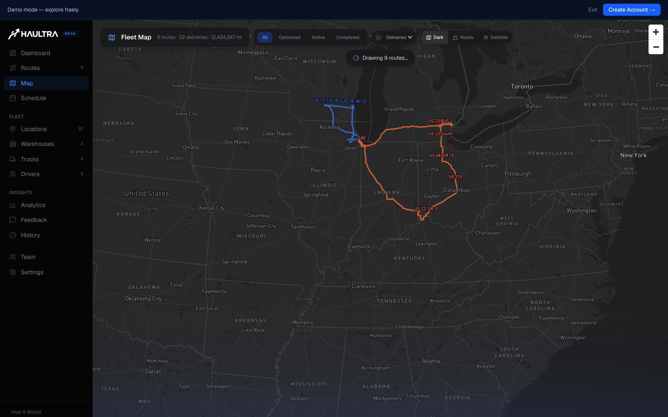The fleet map with an optimized route