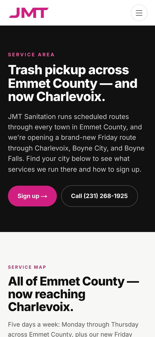 Service area page on a phone