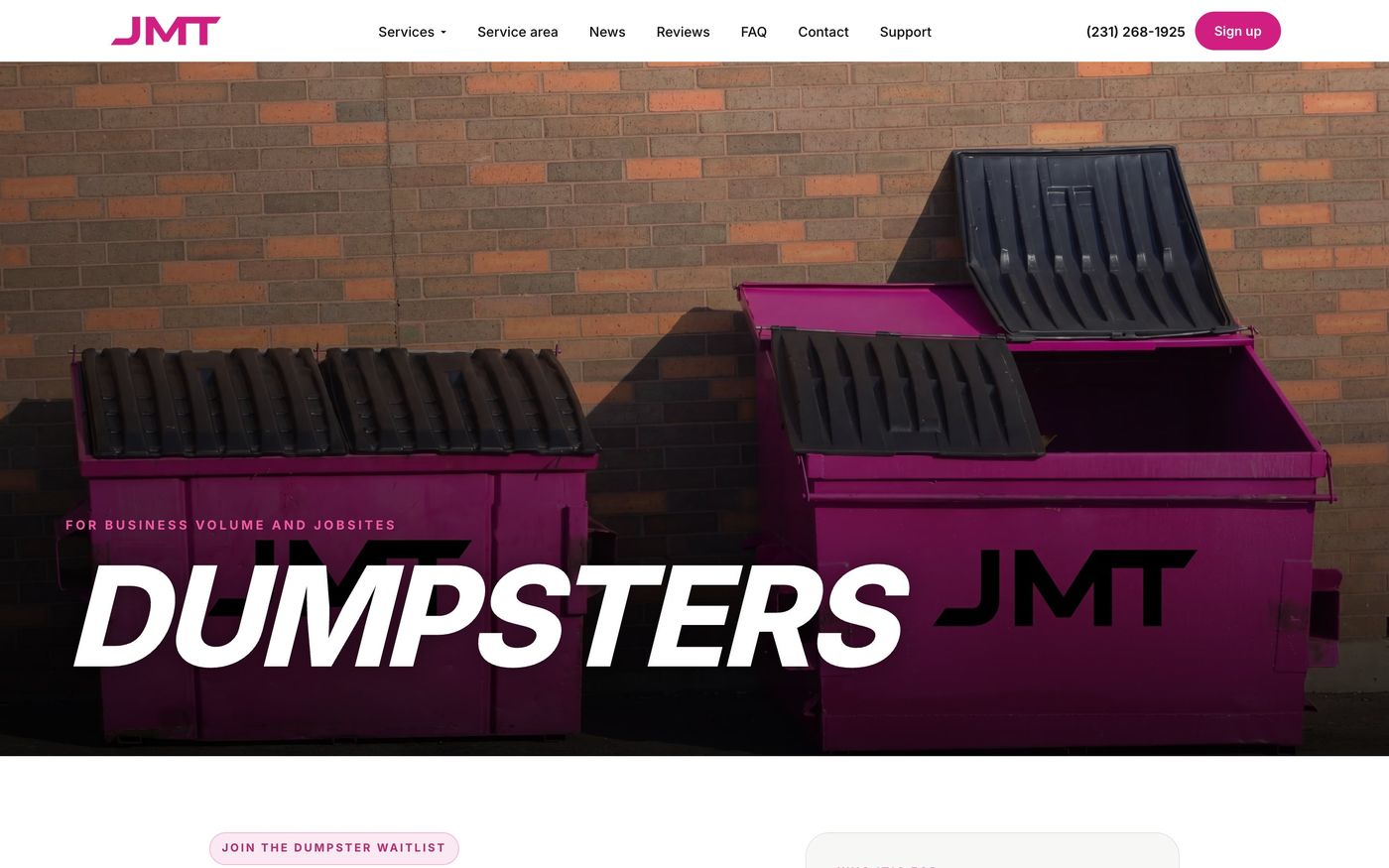 The JMT dumpsters page with a magenta roll-off dumpster
