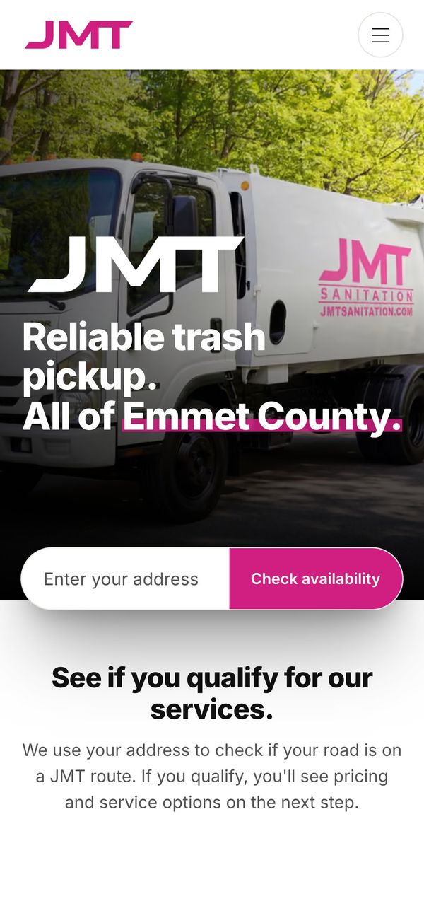 JMT homepage on a phone with the address check