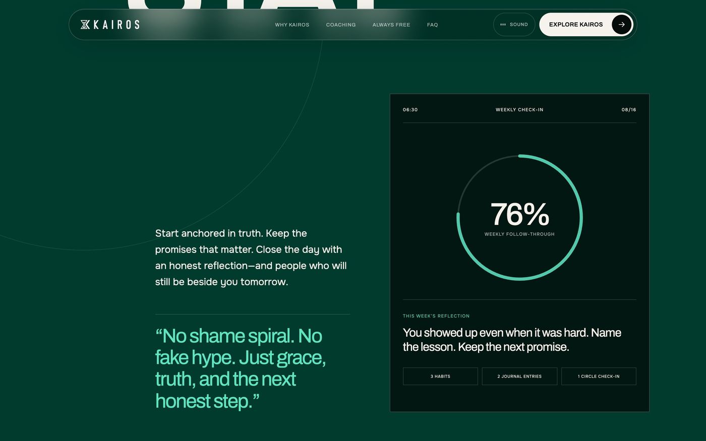 A weekly check-in card at 76 percent beside a short promise