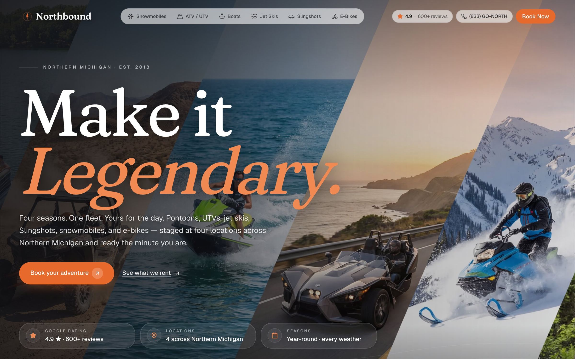 The Northbound homepage: Make it Legendary., over photos of a slingshot, a lake, and a snowmobile