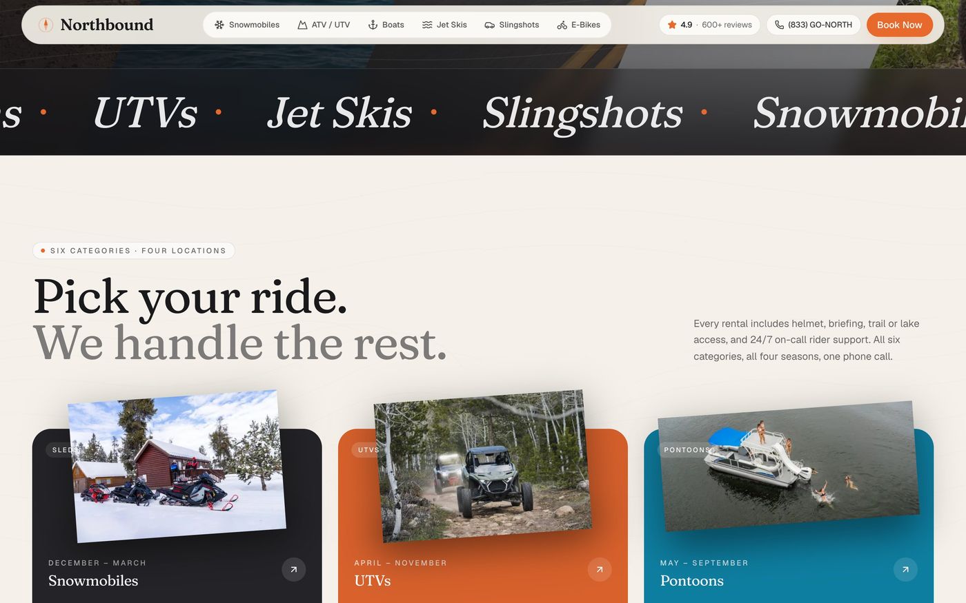Category cards for snowmobiles, UTVs, and pontoons