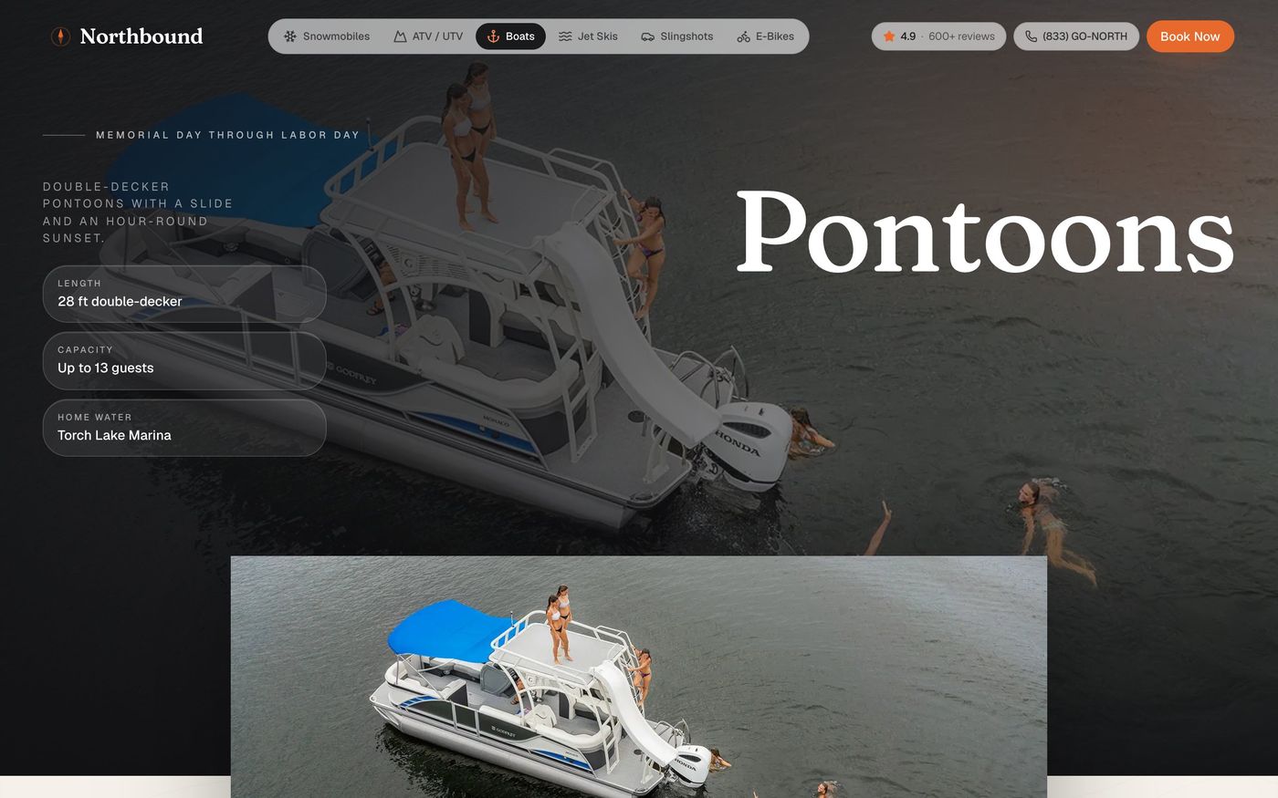 The pontoons page hero with specs