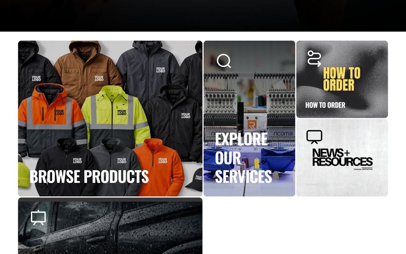 Homepage tiles for products, services, how to order, and news
