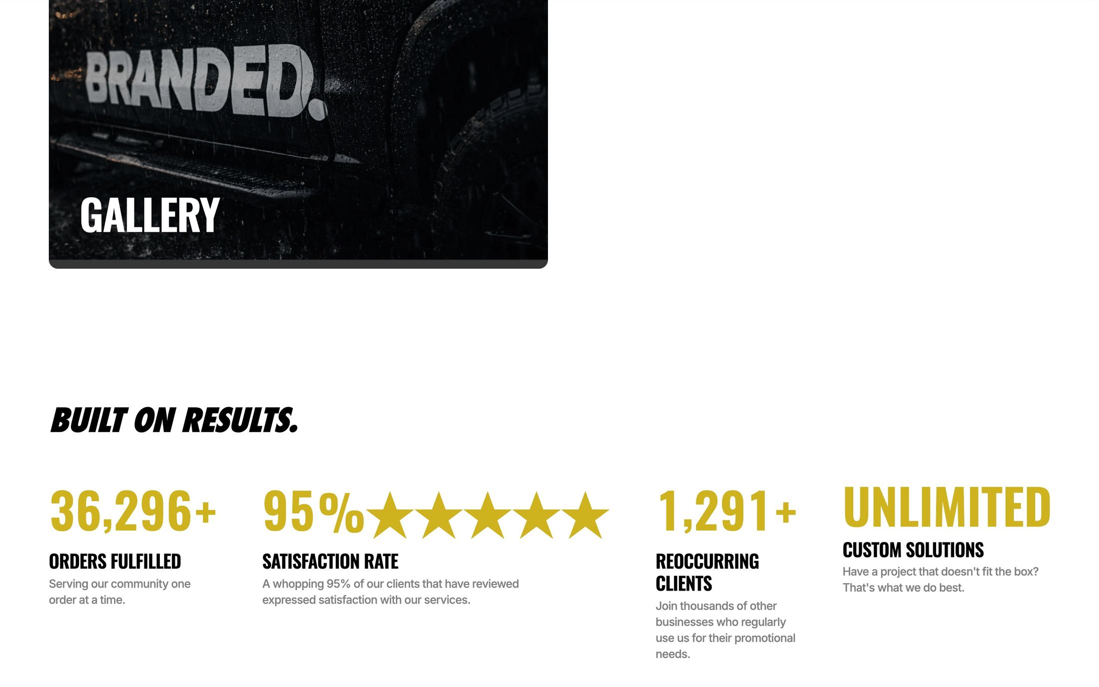 The homepage results band with orders fulfilled and recurring clients