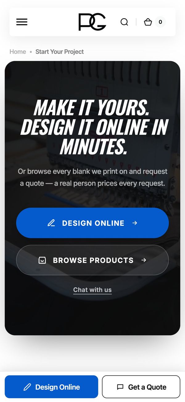 Start a project page on a phone