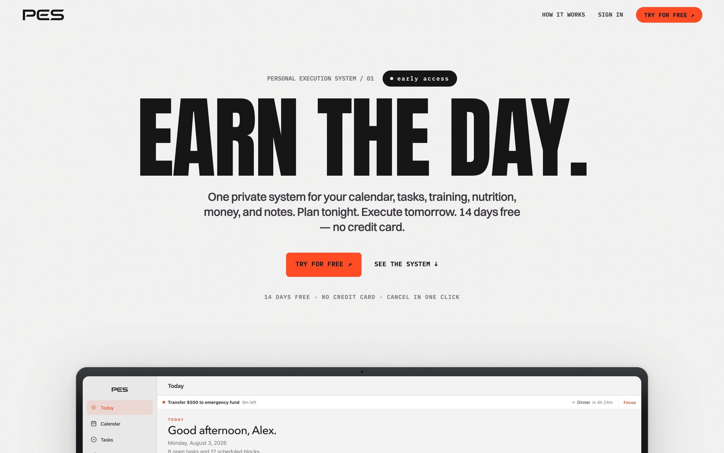 The PES homepage: Earn the day., above the Today screen on a laptop