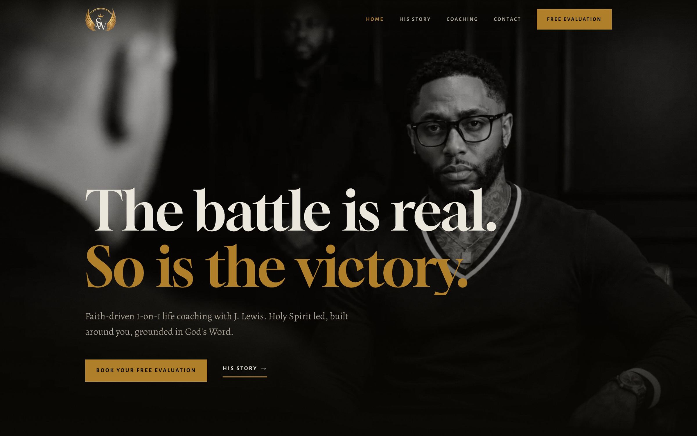 The Spiritual Wings Coaching homepage: The battle is real. So is the victory., beside a portrait of J. Lewis
