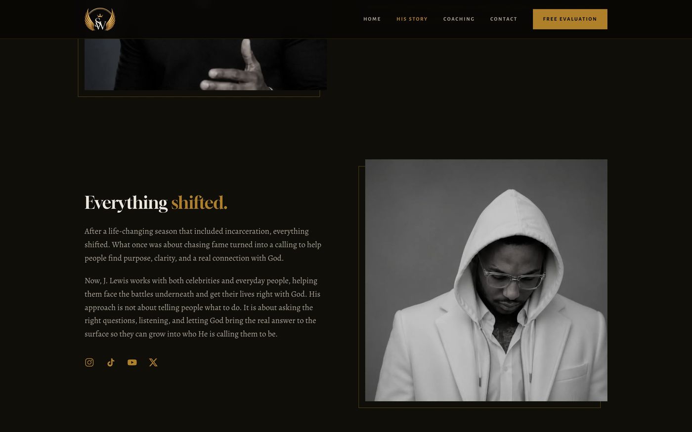 A section of his story beside a portrait in a white hoodie