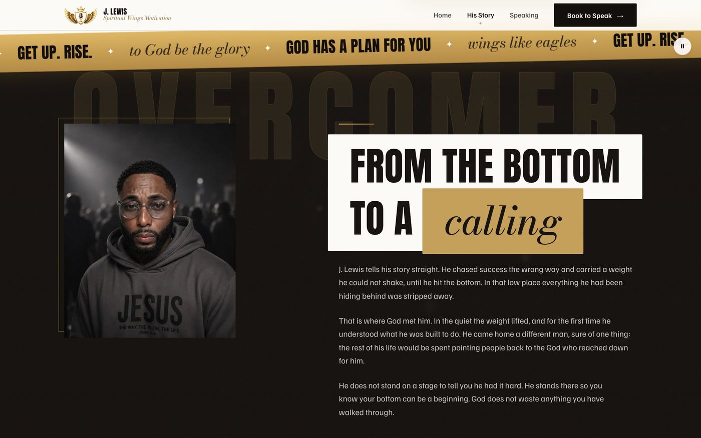 His story section with a portrait and a gold marquee above