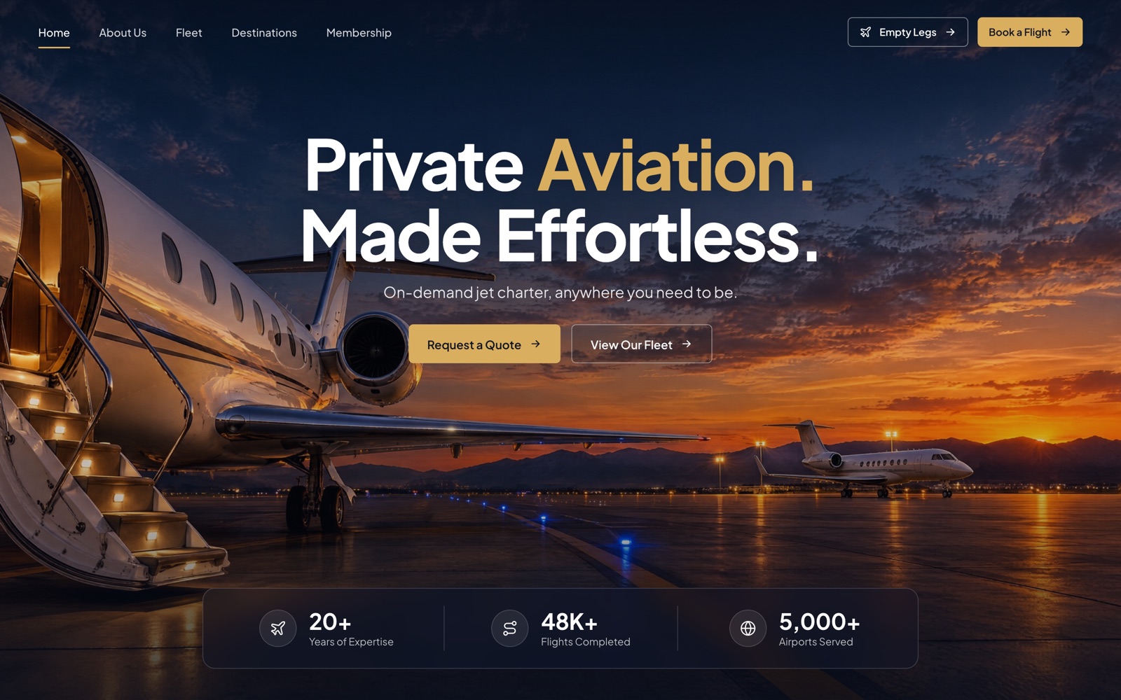 Hero A: a centered headline, Private Aviation. Made Effortless., over a jet on the tarmac at sunset, with a glass stats bar along the bottom
