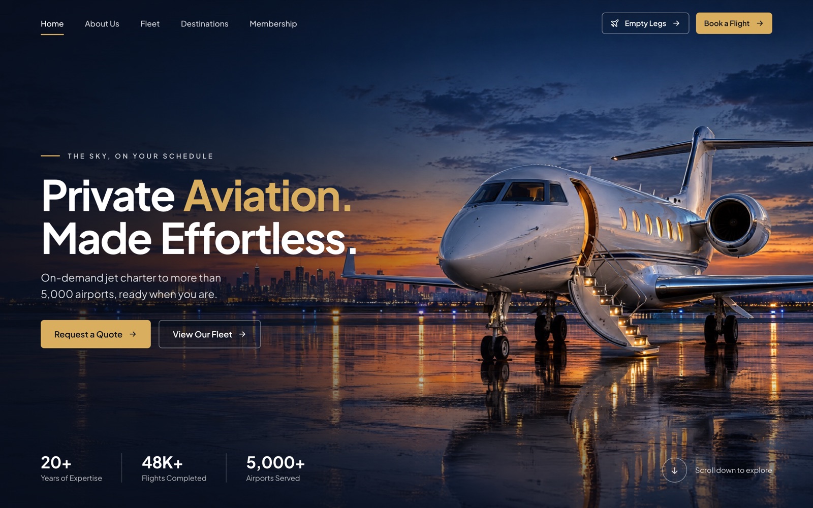 Hero B: the headline on the left, a private jet on a wet tarmac at dusk on the right, with stats along the bottom